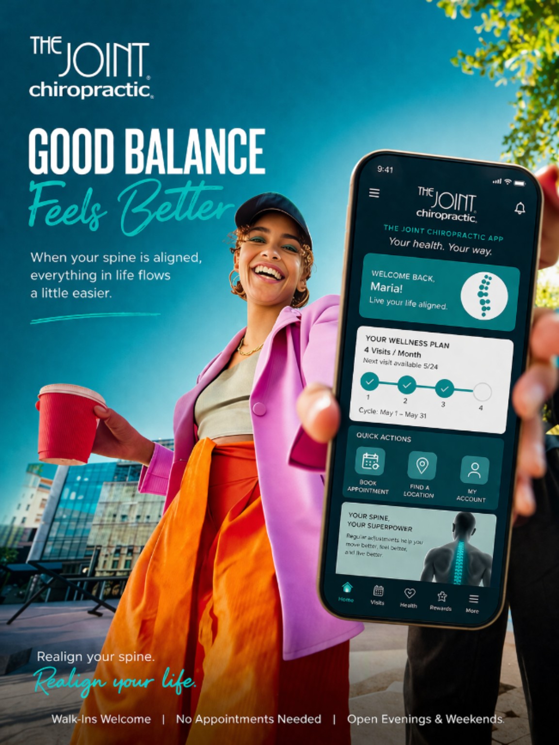 The Joint Chiropractic mobile app advertisement: Good Balance Feels Better